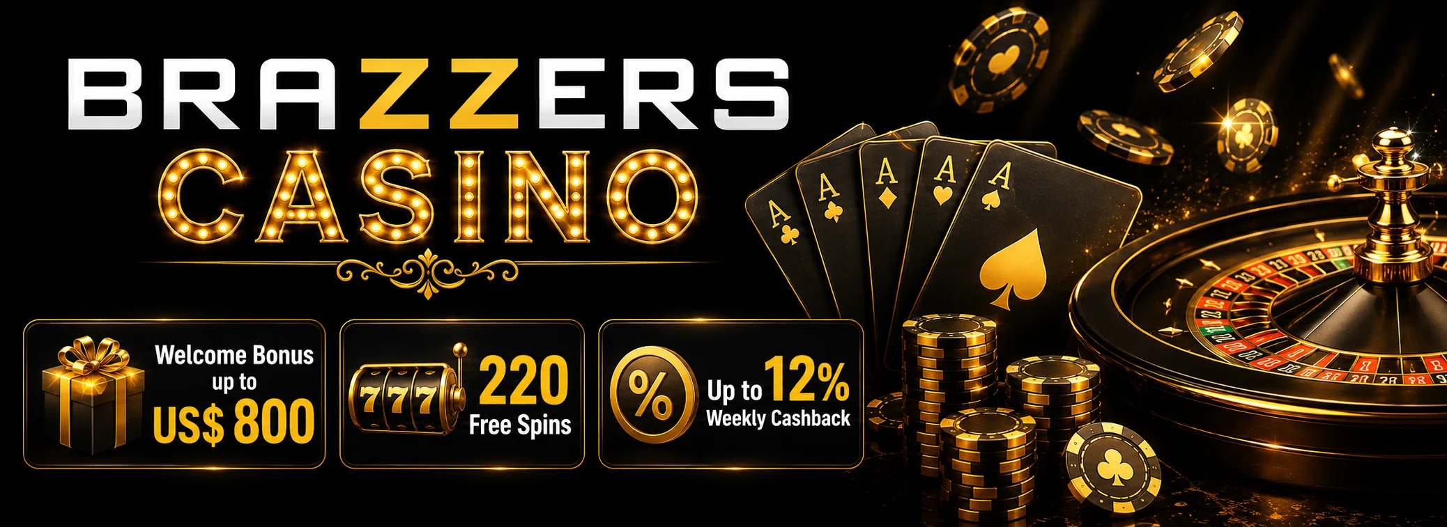 Brazzers Casino promotions banner, 100% up to US$ 800 and 220 free spins